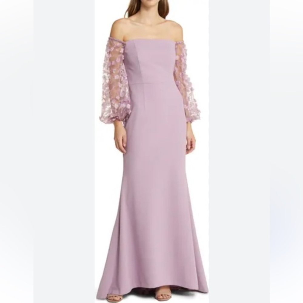 Eliza J Lavender Off-Shoulder Dress 3D Floral Sleeve Scuba Crepe Evening Dress